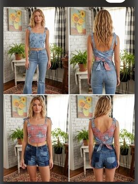 RagVival reversible handmade TieBack Top in Light Blue and Red Patchwork style